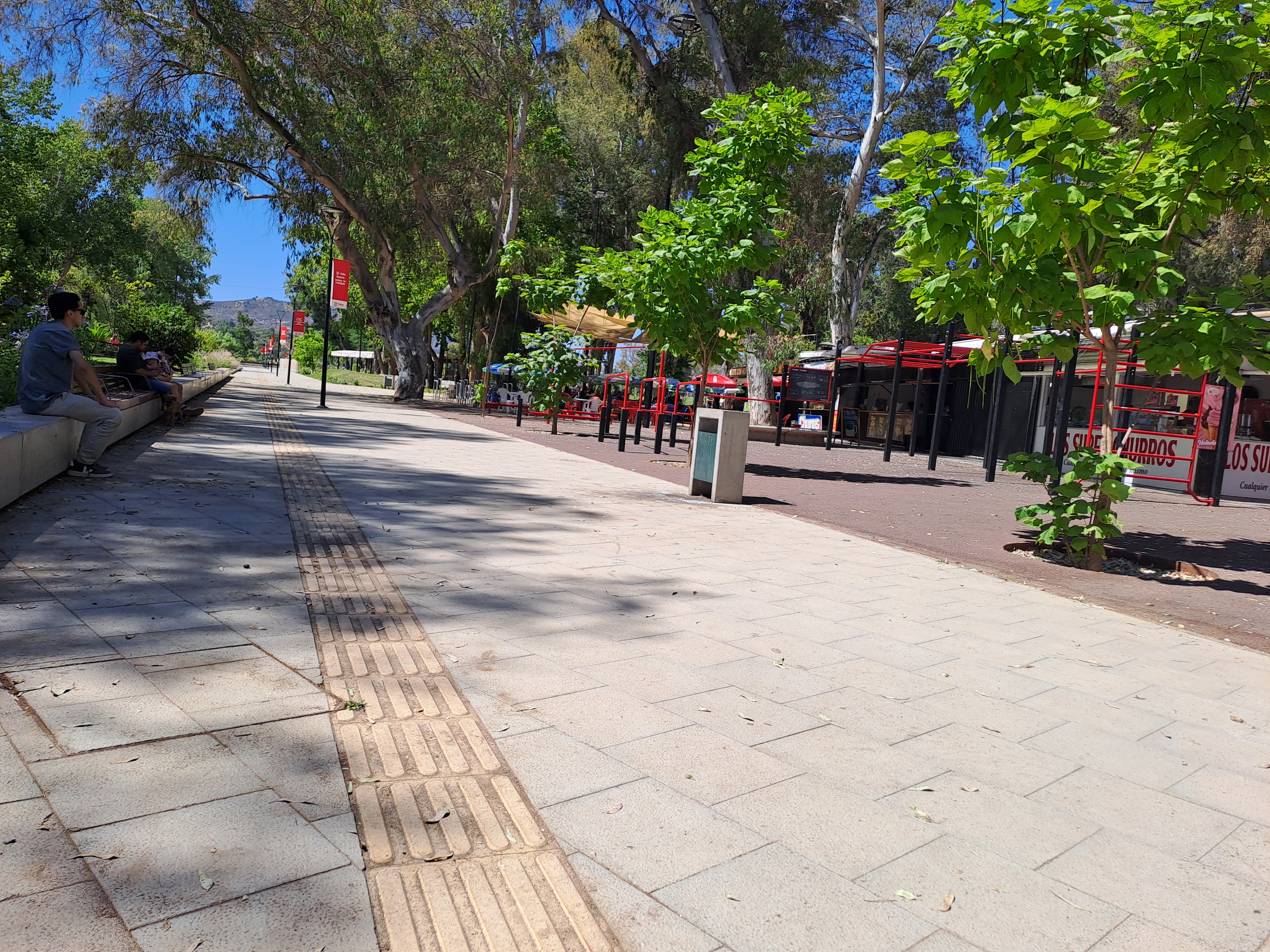 Fotografía de la entrada de la zona de picnic, cuenta con pisos asfaltados y pisos Podotáctiles
